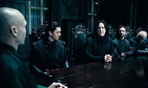Ralph Fiennes as Lord Voldemort and Alan Rickman as Severus Snape (Deathly Hallows)